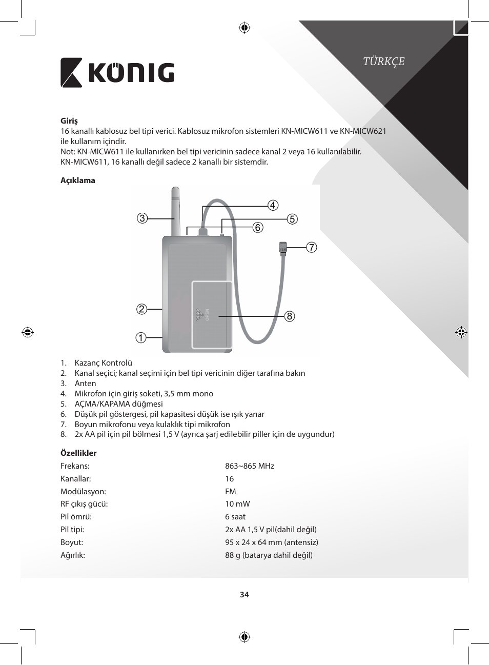 Türkçe | Konig Electronic Wireless microphone system with body pack User Manual | Page 34 / 39