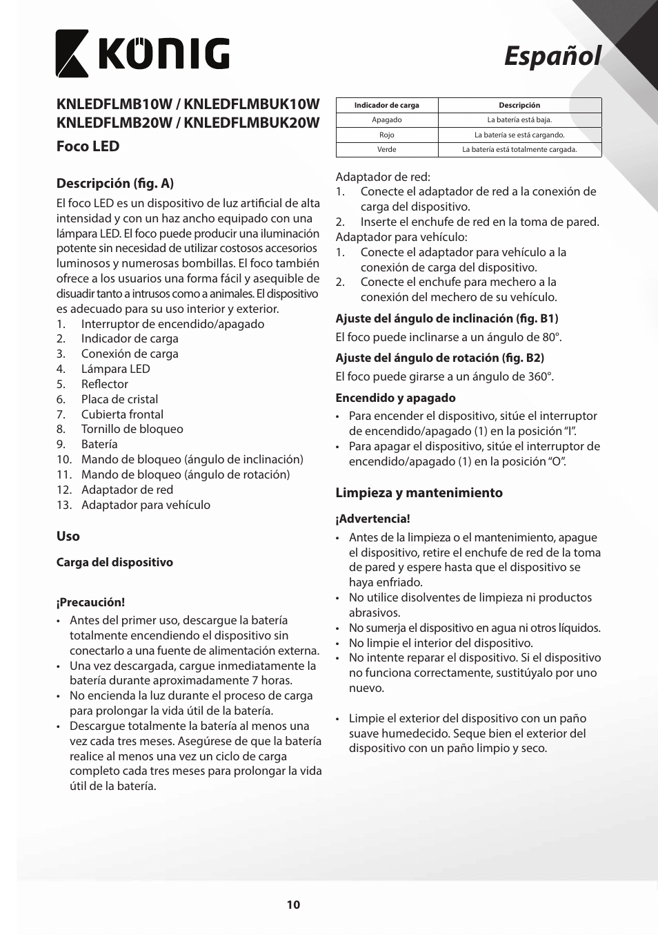 Español | Konig Electronic COB Mobile LED Floodlight 10 W 700 Lumen UK plug User Manual | Page 10 / 44