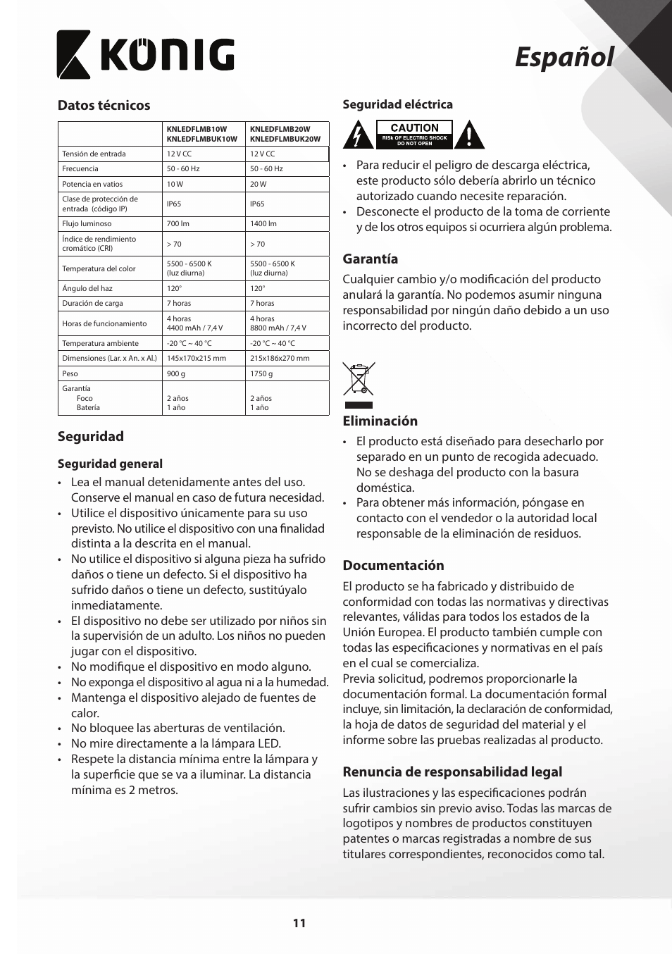 Español, Datos técnicos, Seguridad | Garantía, Eliminación, Documentación, Renuncia de responsabilidad legal | Konig Electronic COB Mobile LED Floodlight 10 W 700 Lumen UK plug User Manual | Page 11 / 44