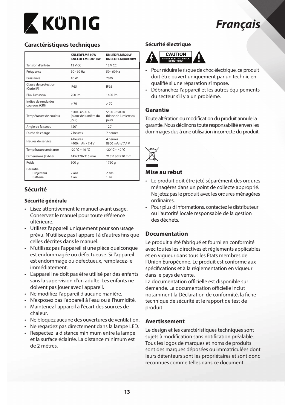 Français, Caractéristiques techniques, Sécurité | Garantie, Mise au rebut, Documentation, Avertissement | Konig Electronic COB Mobile LED Floodlight 10 W 700 Lumen UK plug User Manual | Page 13 / 44