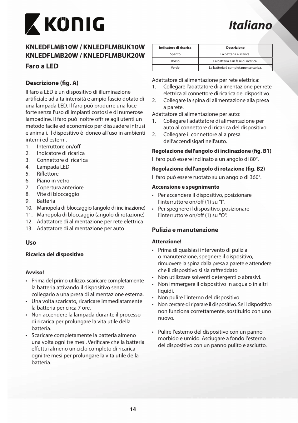 Italiano | Konig Electronic COB Mobile LED Floodlight 10 W 700 Lumen UK plug User Manual | Page 14 / 44