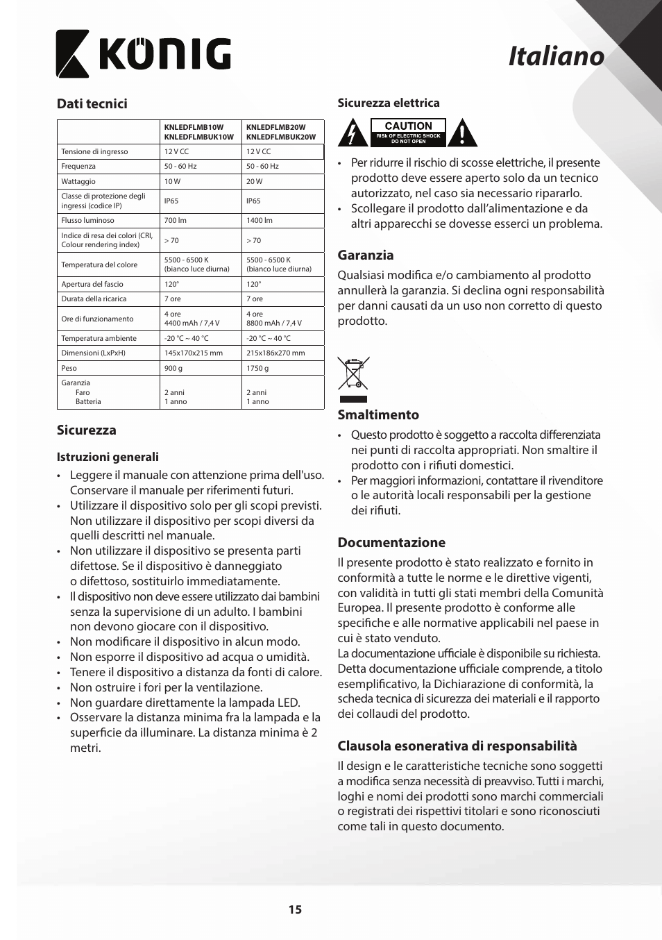 Italiano, Dati tecnici, Sicurezza | Garanzia, Smaltimento, Documentazione, Clausola esonerativa di responsabilità | Konig Electronic COB Mobile LED Floodlight 10 W 700 Lumen UK plug User Manual | Page 15 / 44