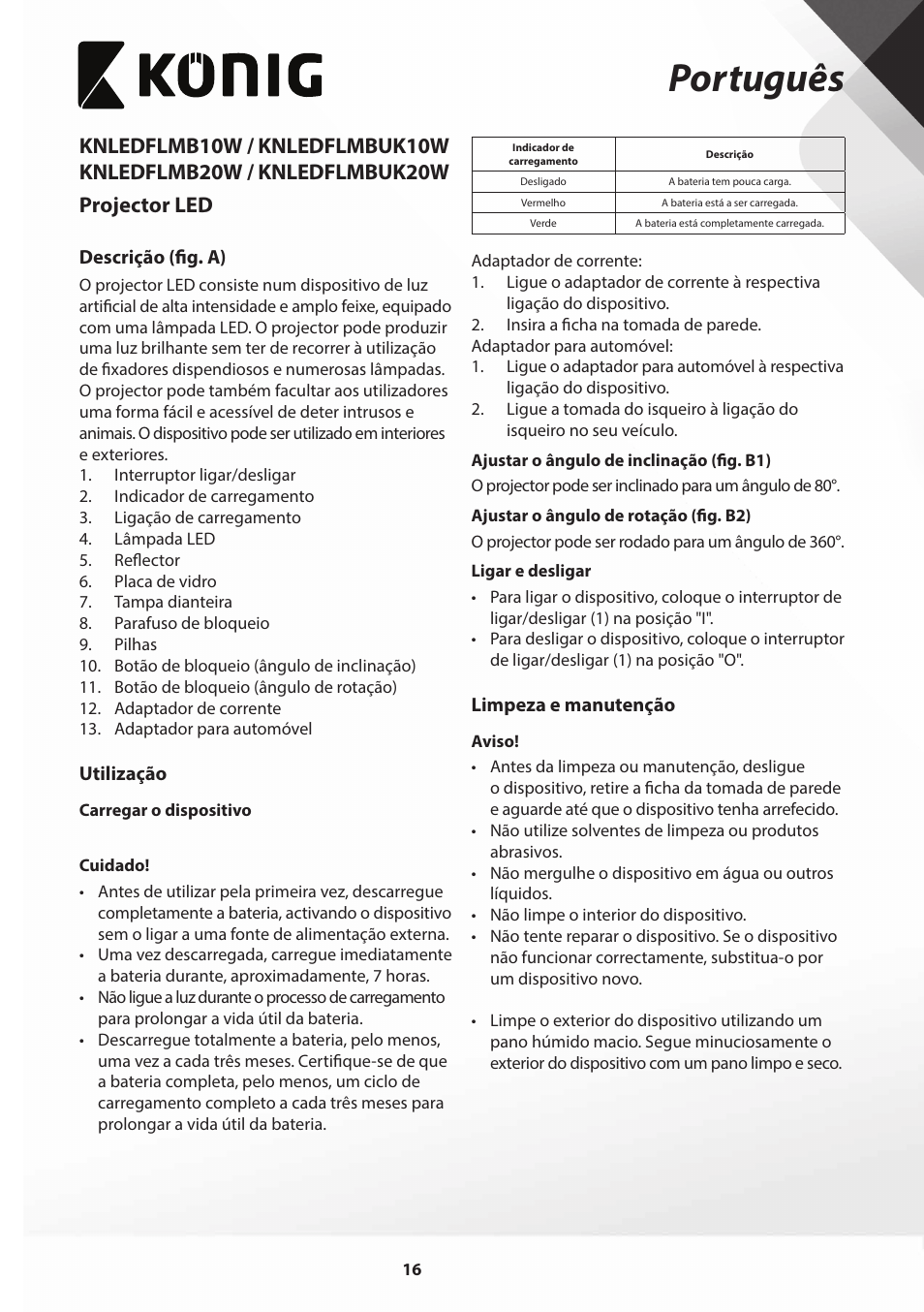Português | Konig Electronic COB Mobile LED Floodlight 10 W 700 Lumen UK plug User Manual | Page 16 / 44