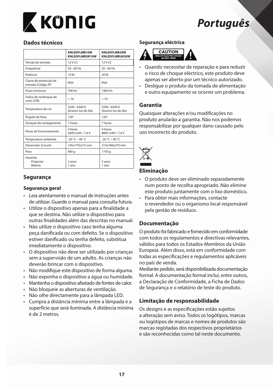 Português, Dados técnicos, Segurança | Garantia, Eliminação, Documentação, Limitação de responsabilidade | Konig Electronic COB Mobile LED Floodlight 10 W 700 Lumen UK plug User Manual | Page 17 / 44