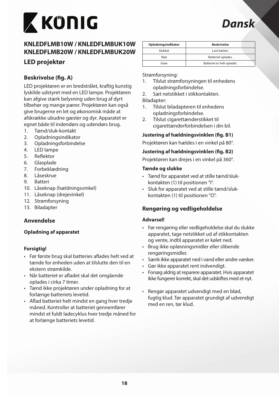 Dansk | Konig Electronic COB Mobile LED Floodlight 10 W 700 Lumen UK plug User Manual | Page 18 / 44