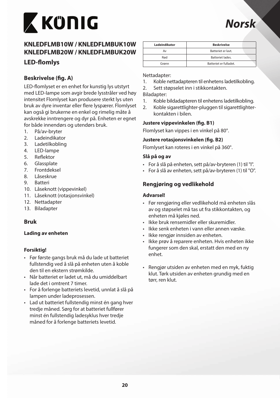 Norsk | Konig Electronic COB Mobile LED Floodlight 10 W 700 Lumen UK plug User Manual | Page 20 / 44