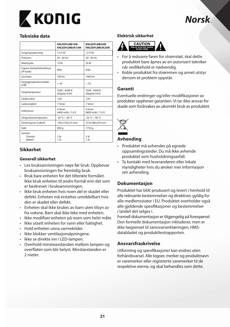 Norsk, Tekniske data, Sikkerhet | Garanti, Avhending, Dokumentasjon, Ansvarsfraskrivelse | Konig Electronic COB Mobile LED Floodlight 10 W 700 Lumen UK plug User Manual | Page 21 / 44