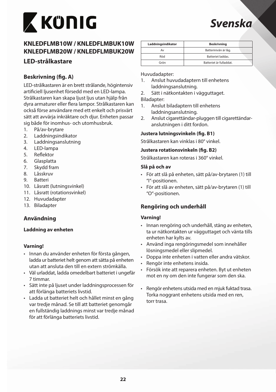 Svenska | Konig Electronic COB Mobile LED Floodlight 10 W 700 Lumen UK plug User Manual | Page 22 / 44