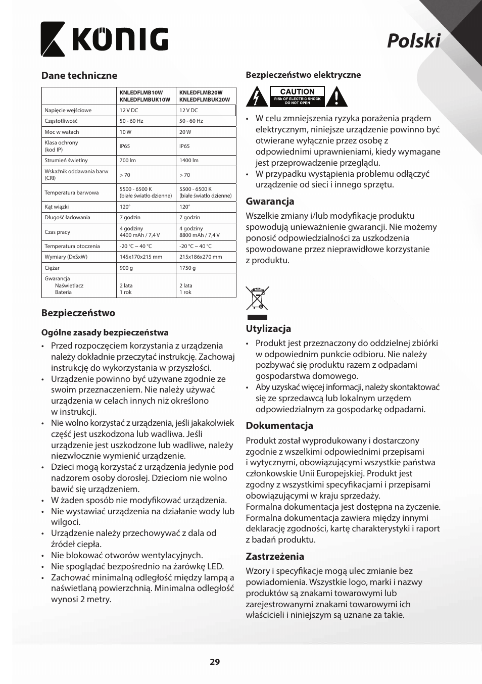 Polski, Dane techniczne, Bezpieczeństwo | Gwarancja, Utylizacja, Dokumentacja, Zastrzeżenia | Konig Electronic COB Mobile LED Floodlight 10 W 700 Lumen UK plug User Manual | Page 29 / 44