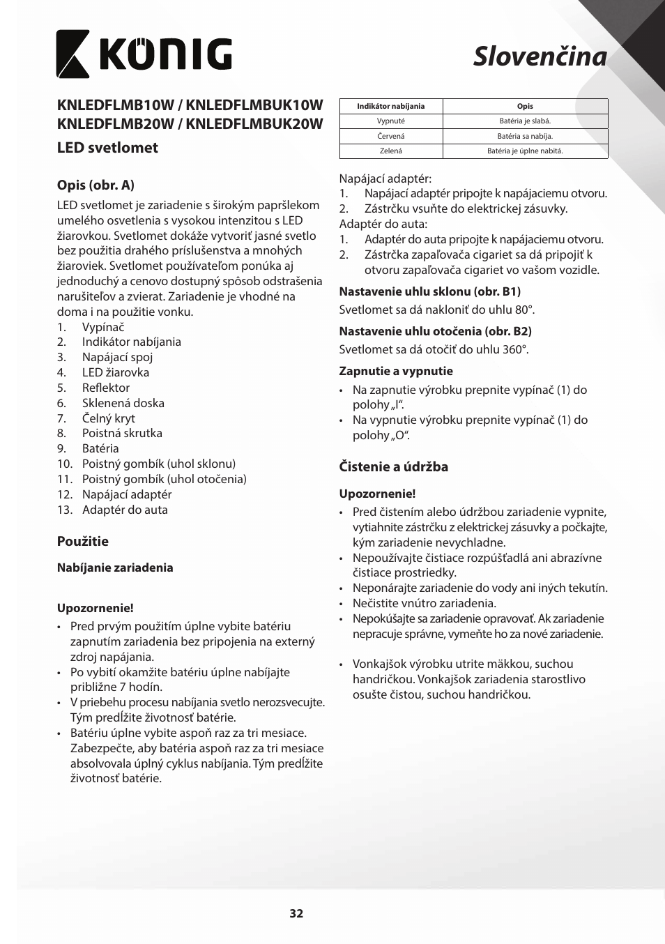 Slovenčina | Konig Electronic COB Mobile LED Floodlight 10 W 700 Lumen UK plug User Manual | Page 32 / 44