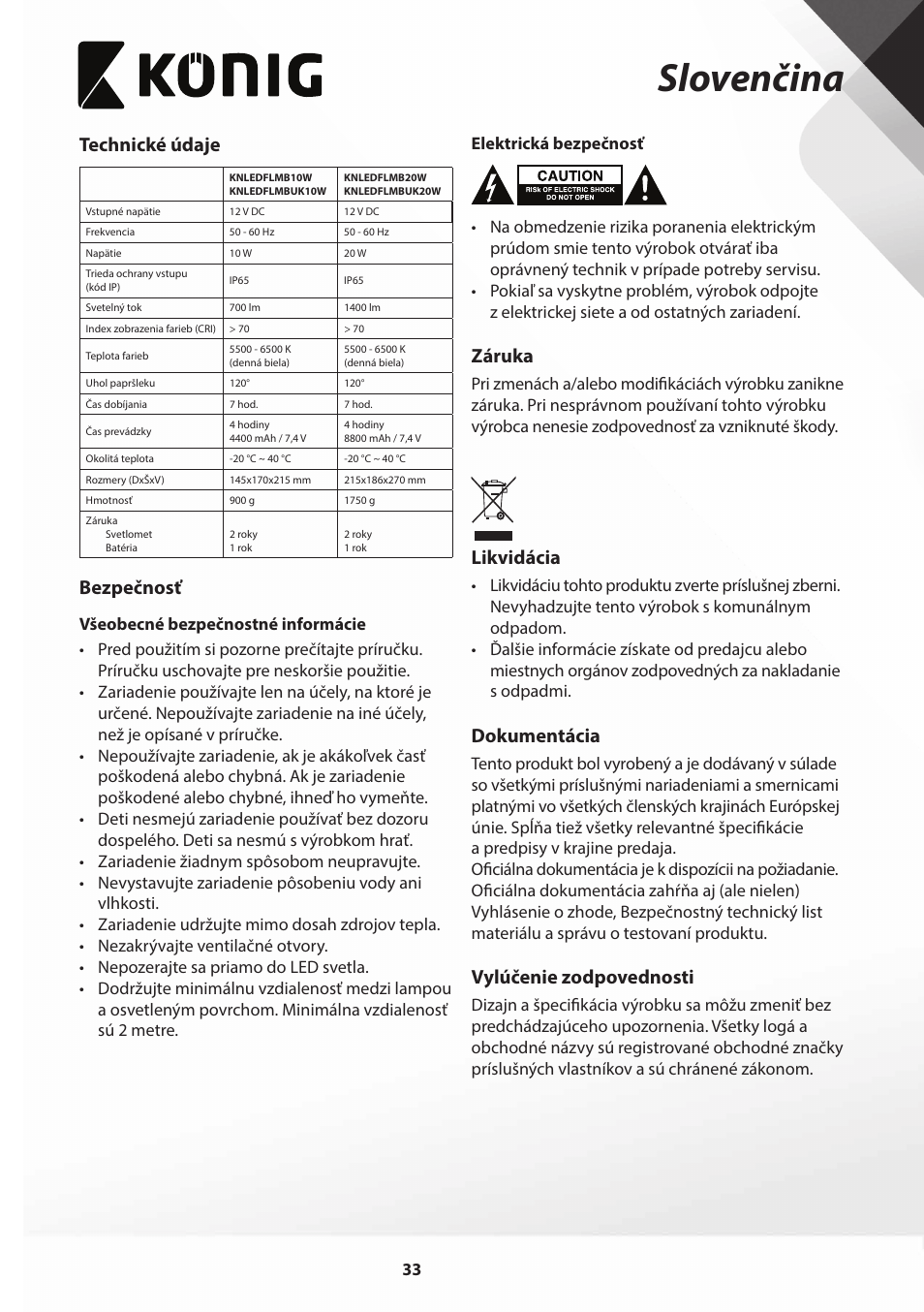 Slovenčina, Technické údaje, Bezpečnosť | Záruka, Likvidácia, Dokumentácia, Vylúčenie zodpovednosti | Konig Electronic COB Mobile LED Floodlight 10 W 700 Lumen UK plug User Manual | Page 33 / 44