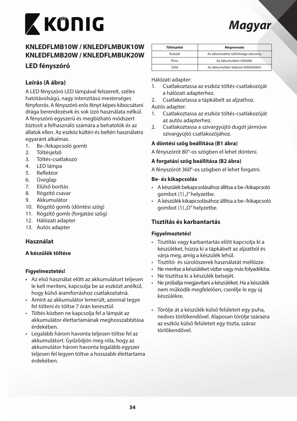 Magyar | Konig Electronic COB Mobile LED Floodlight 10 W 700 Lumen UK plug User Manual | Page 34 / 44