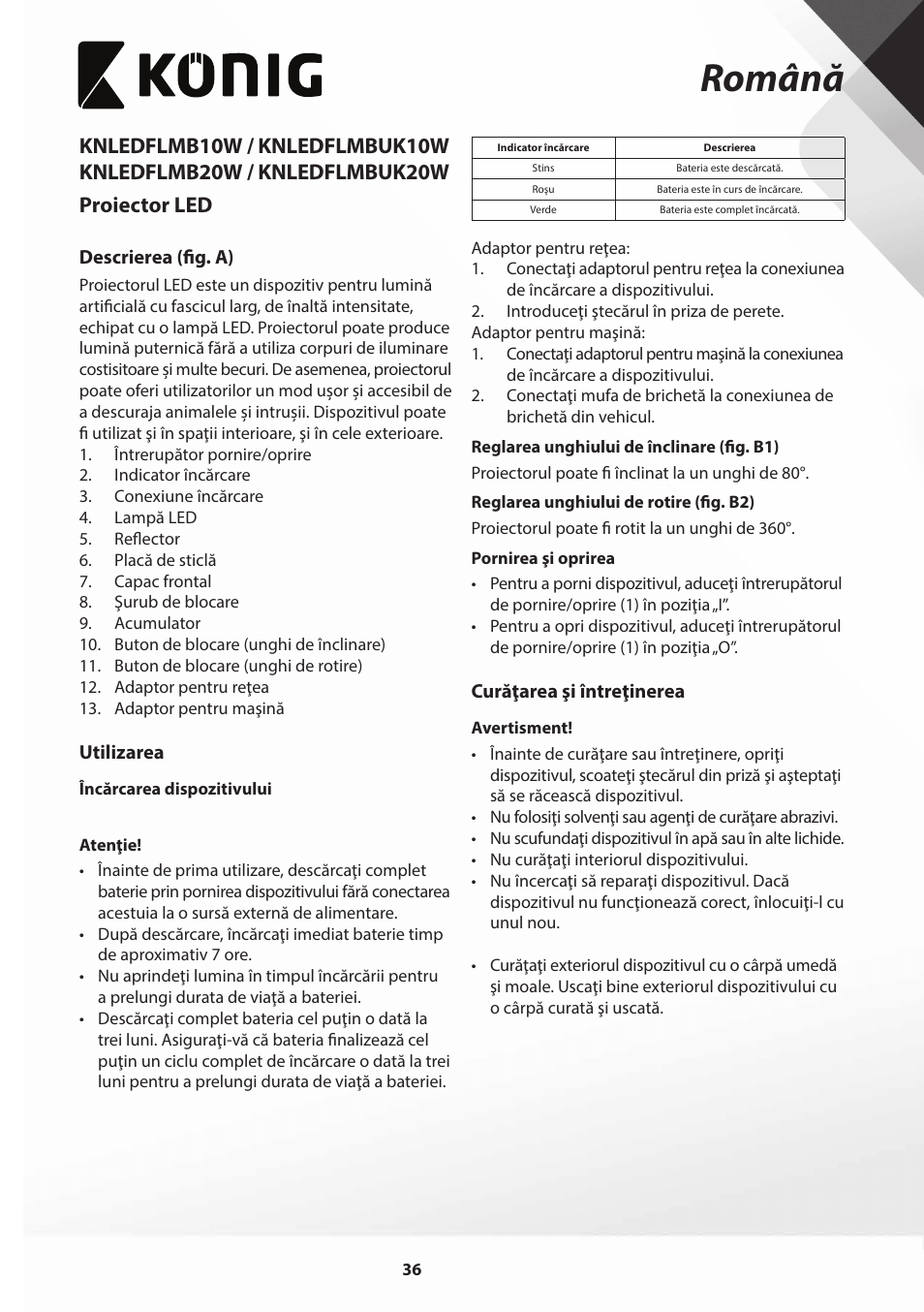 Română | Konig Electronic COB Mobile LED Floodlight 10 W 700 Lumen UK plug User Manual | Page 36 / 44
