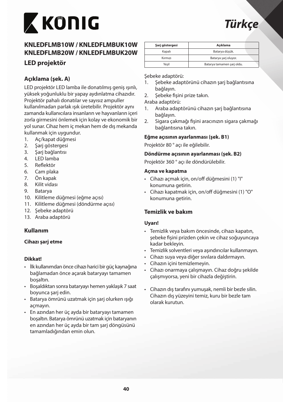 Türkçe | Konig Electronic COB Mobile LED Floodlight 10 W 700 Lumen UK plug User Manual | Page 40 / 44