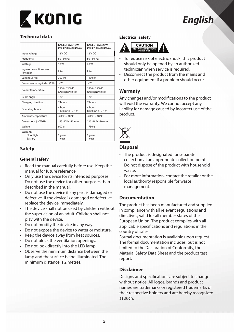 English, Technical data, Safety | Warranty, Disposal, Documentation, Disclaimer | Konig Electronic COB Mobile LED Floodlight 10 W 700 Lumen UK plug User Manual | Page 5 / 44