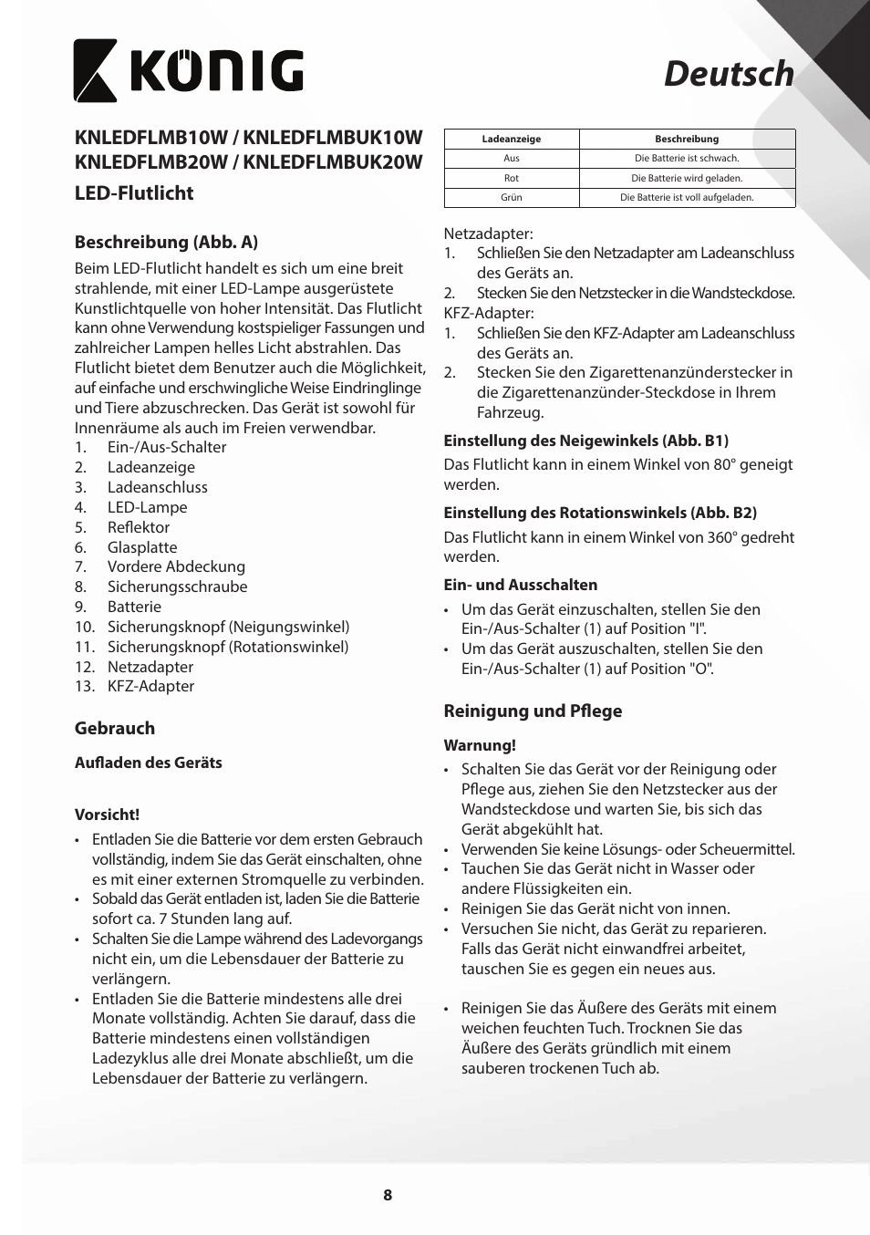 Deutsch | Konig Electronic COB Mobile LED Floodlight 10 W 700 Lumen UK plug User Manual | Page 8 / 44