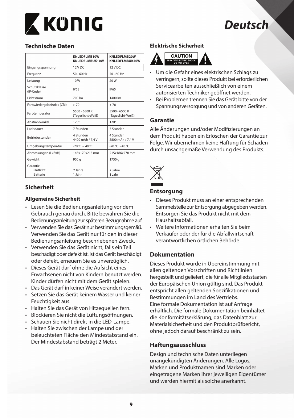 Deutsch, Technische daten, Sicherheit | Garantie, Entsorgung, Dokumentation, Haftungsausschluss | Konig Electronic COB Mobile LED Floodlight 10 W 700 Lumen UK plug User Manual | Page 9 / 44