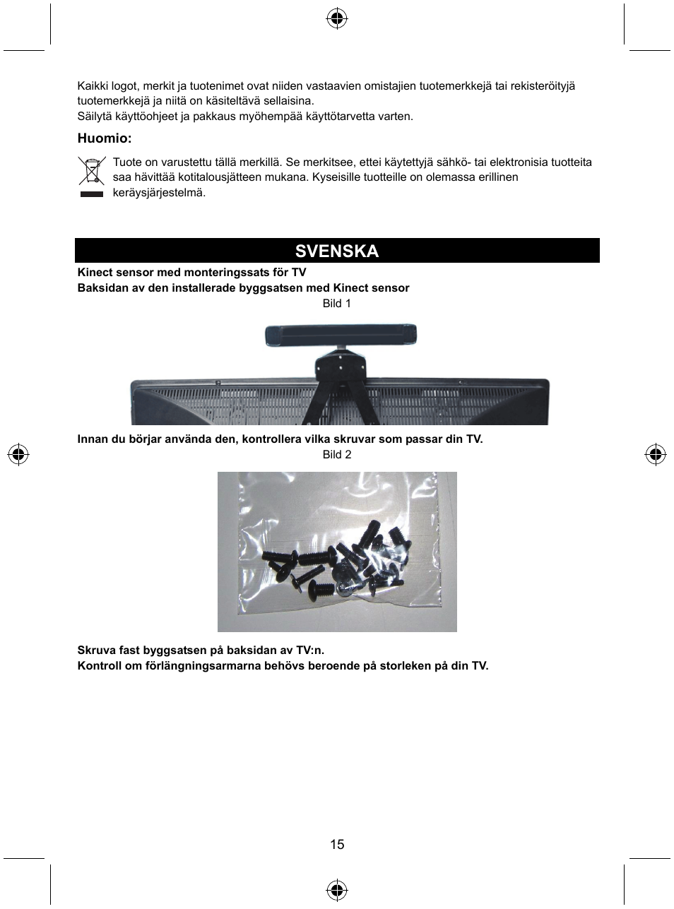 Svenska | Konig Electronic Mount kit for Xbo360 kinec User Manual | Page 15 / 27