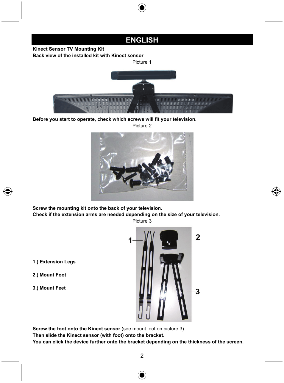 English | Konig Electronic Mount kit for Xbo360 kinec User Manual | Page 2 / 27