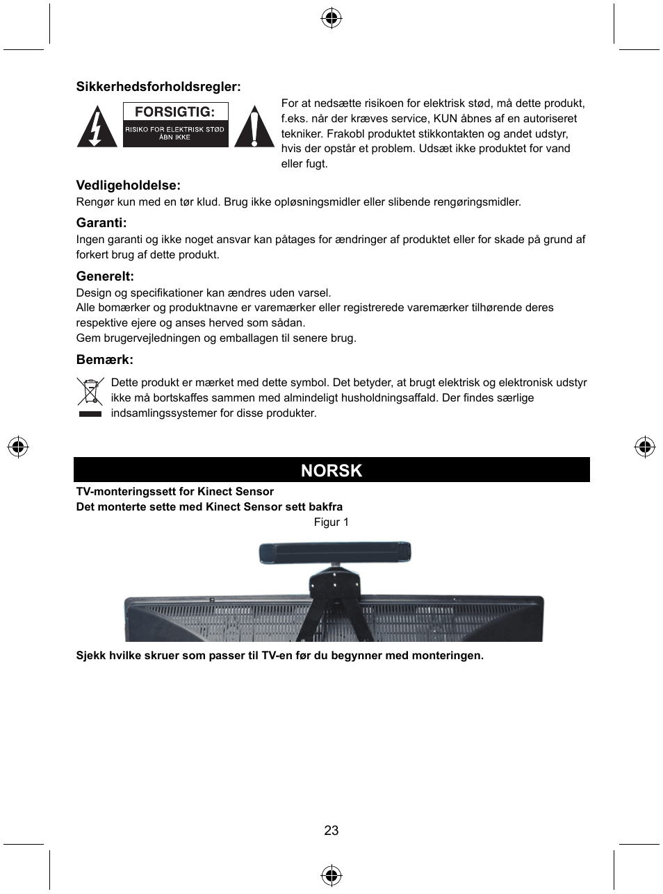 Norsk | Konig Electronic Mount kit for Xbo360 kinec User Manual | Page 23 / 27
