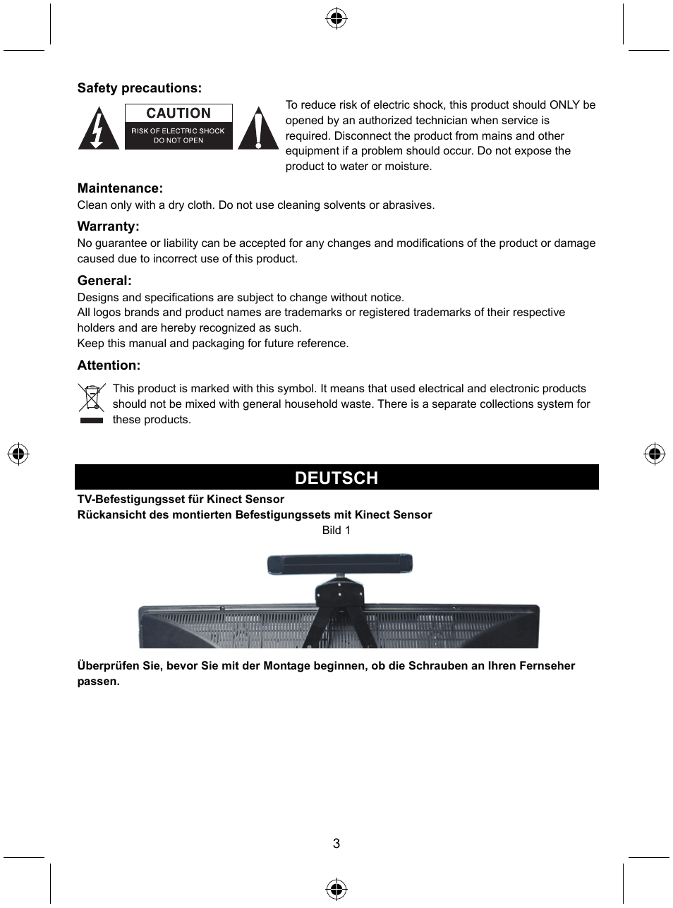 Deutsch | Konig Electronic Mount kit for Xbo360 kinec User Manual | Page 3 / 27