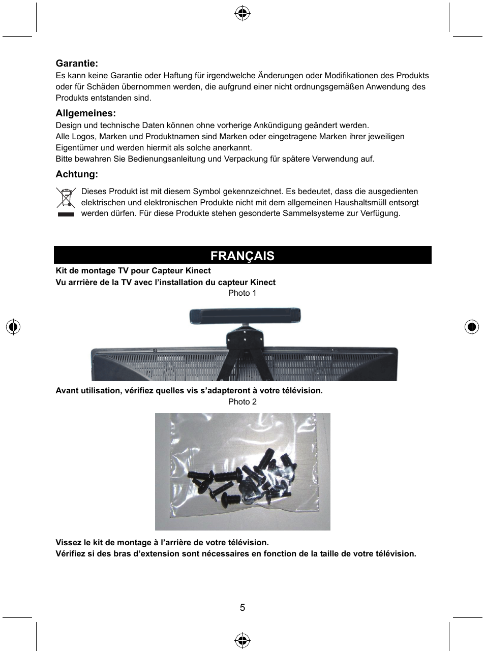 Français | Konig Electronic Mount kit for Xbo360 kinec User Manual | Page 5 / 27