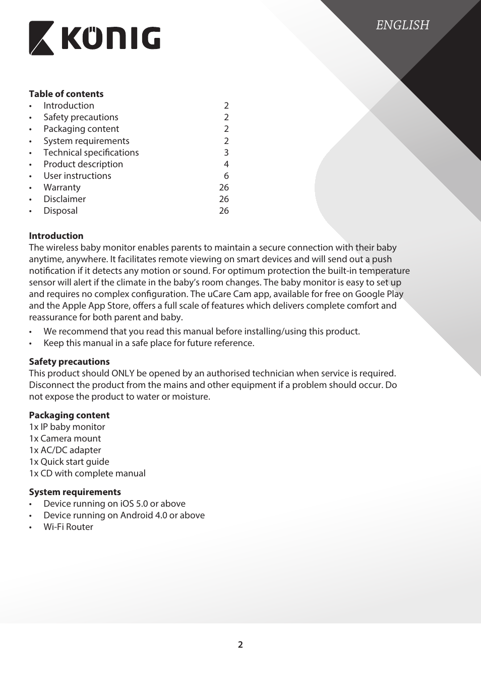 English | Konig Electronic IP baby monitor User Manual | Page 2 / 25