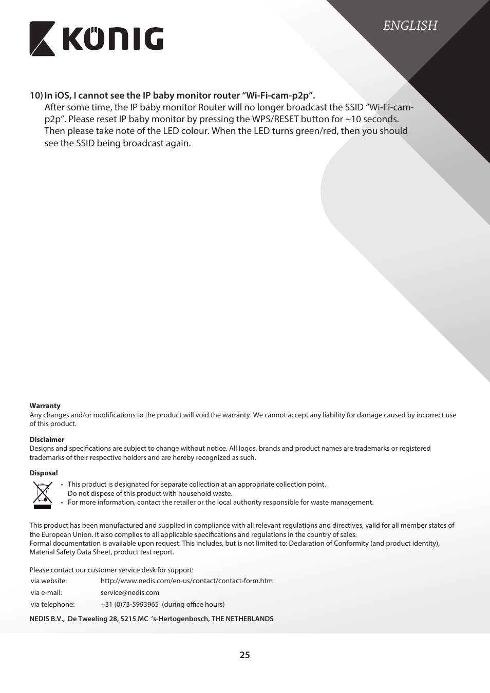 Warranty, Disclaimer, Disposal | English | Konig Electronic IP baby monitor User Manual | Page 25 / 25