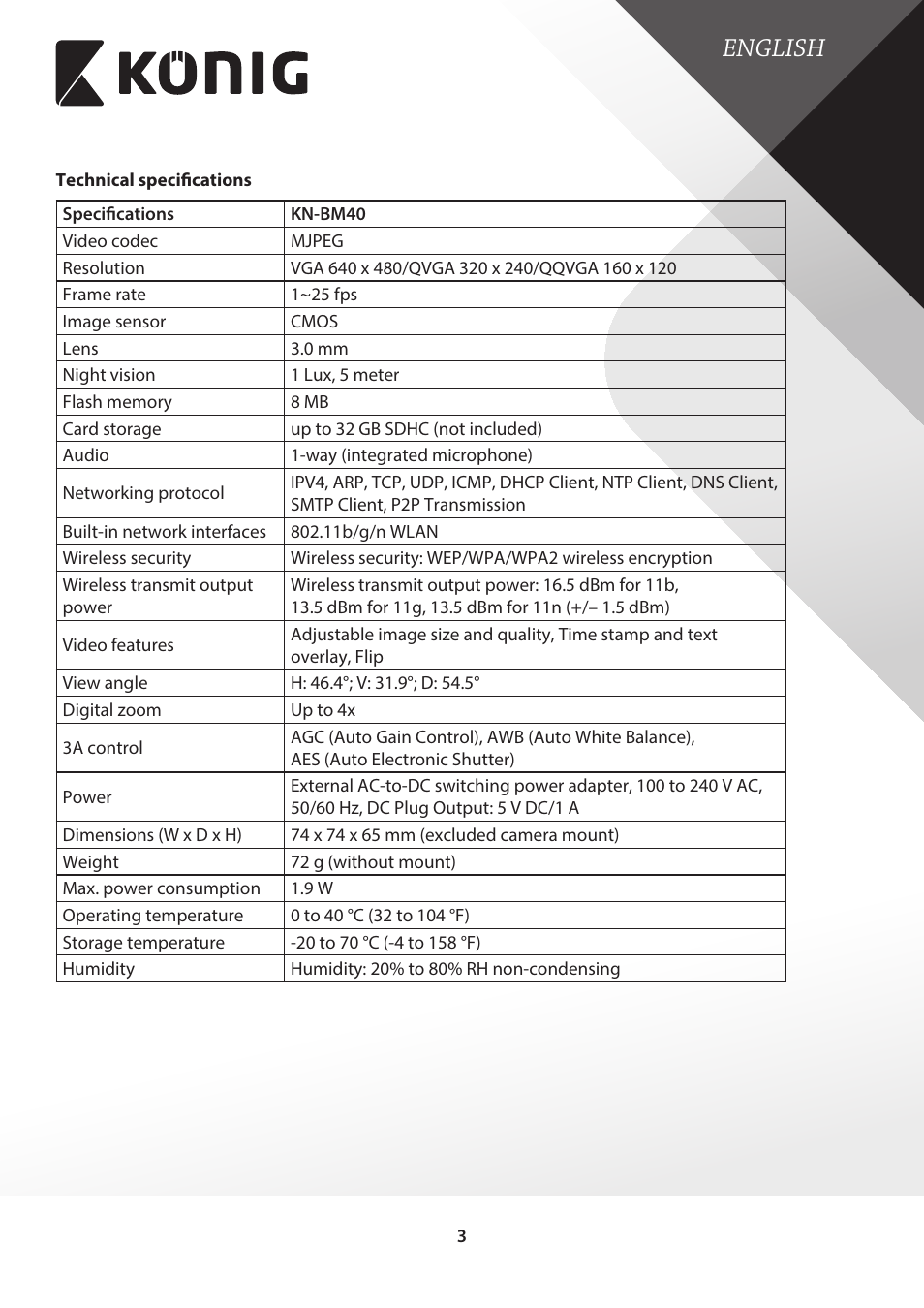 Technical specifications, English | Konig Electronic IP baby monitor User Manual | Page 3 / 25