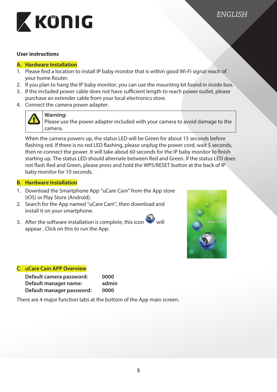 User instructions, English | Konig Electronic IP baby monitor User Manual | Page 5 / 25