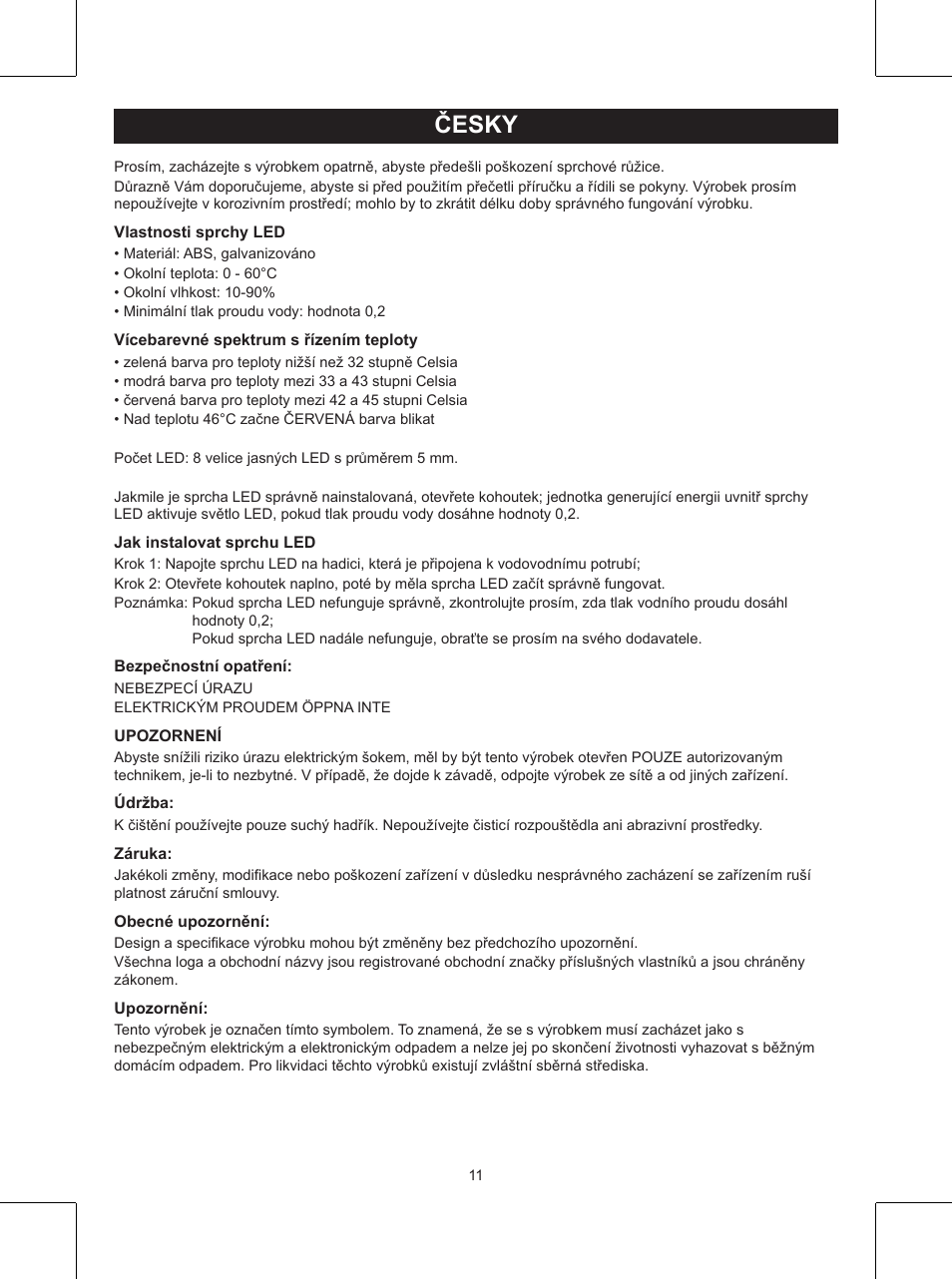 Česky, Návod k použití (s. 11), Sprcha s vícebarevným světlem led | Konig Electronic LED shower head User Manual | Page 11 / 14