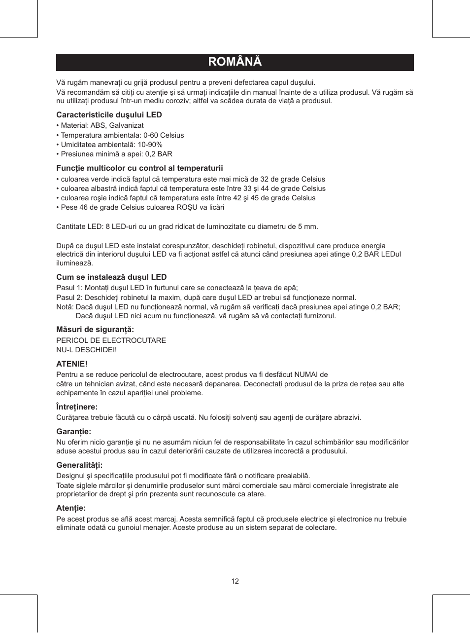 Română, Manual de utilizare (p. 12), Cap de duş cu led multicolor | Konig Electronic LED shower head User Manual | Page 12 / 14