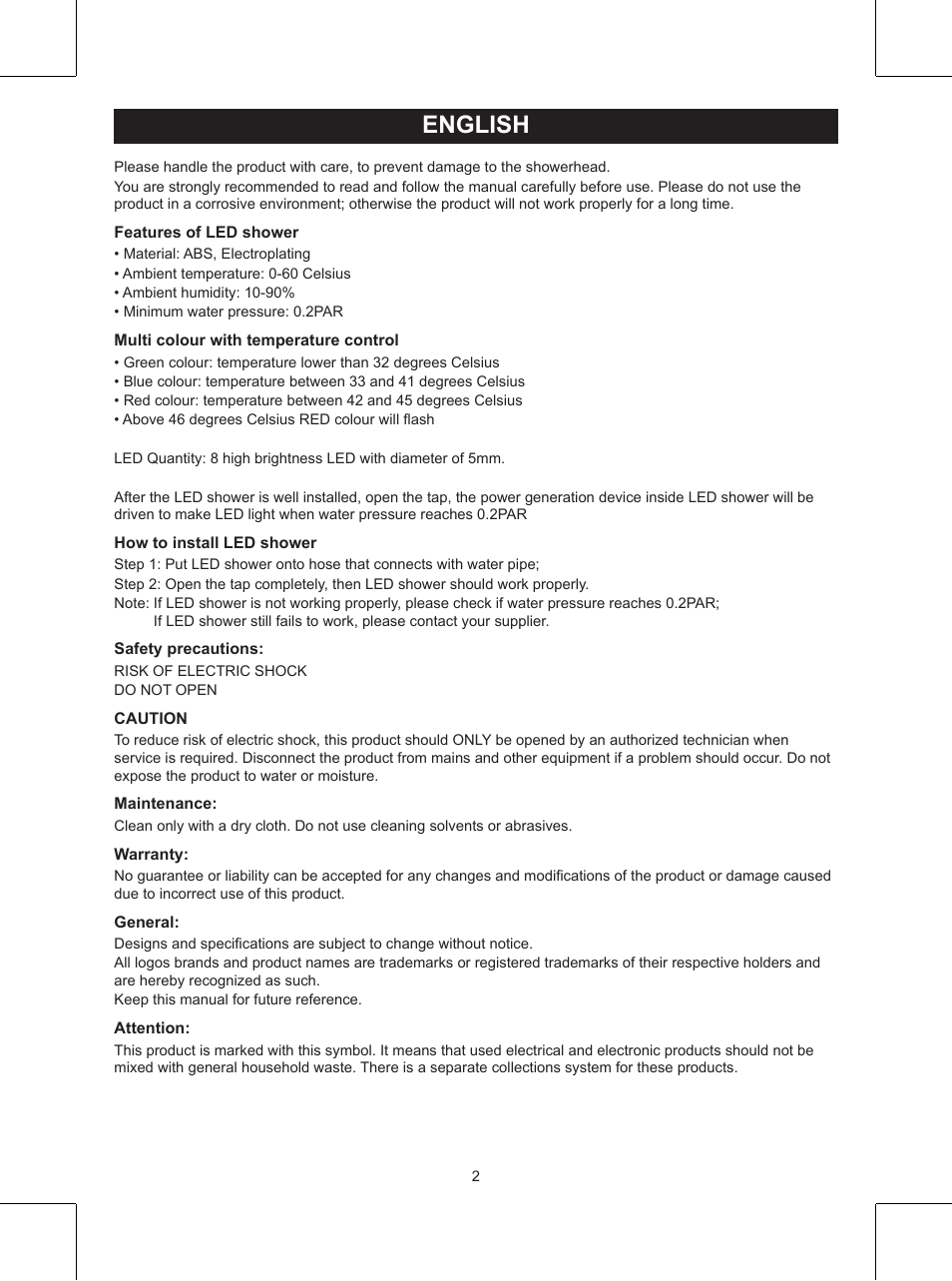 English, Manual (p. 2), Multi colour led shower | Konig Electronic LED shower head User Manual | Page 2 / 14