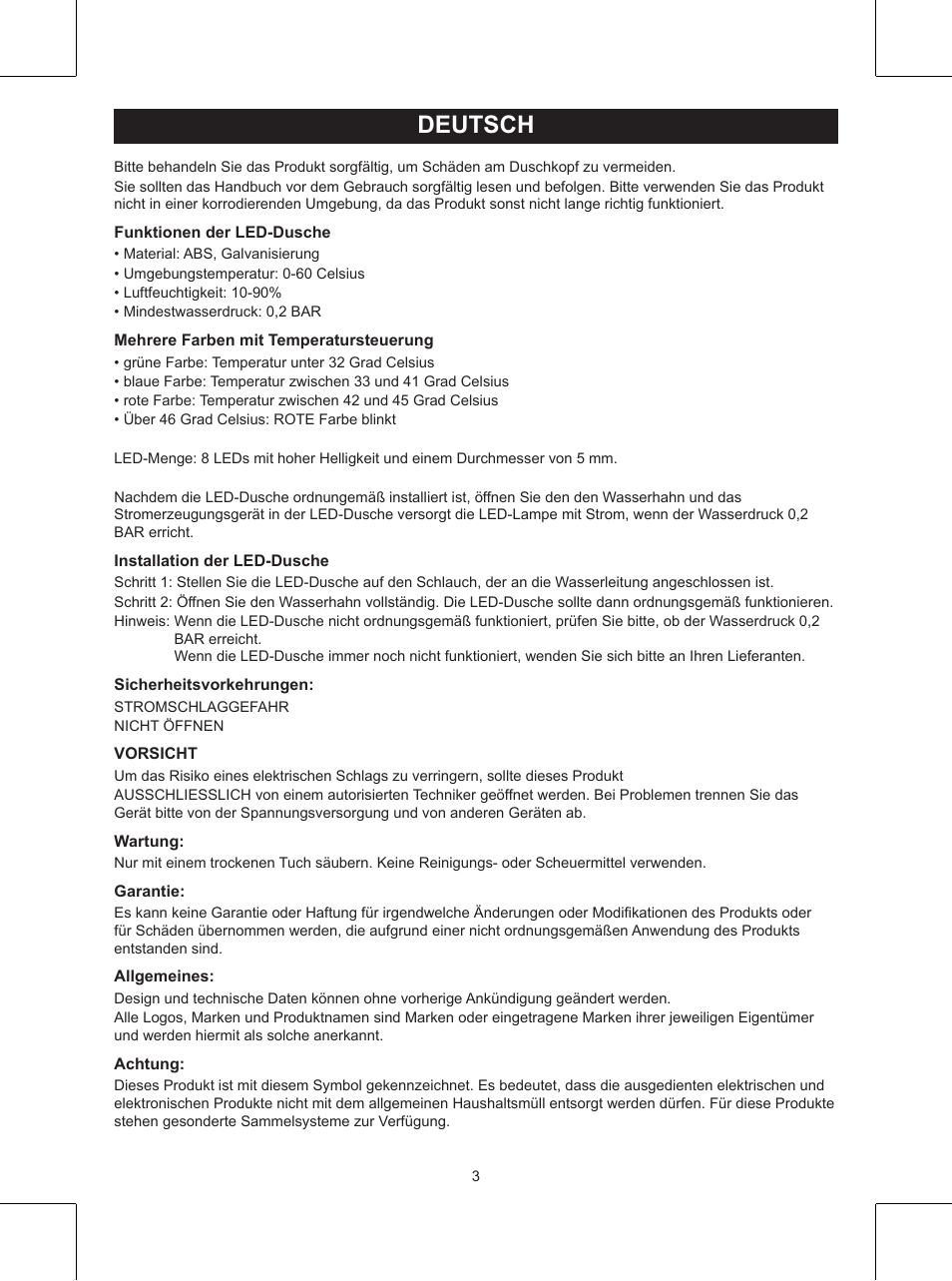 Deutsch, Anleitung (s. 3), Mehrfarbige led-dusche | Konig Electronic LED shower head User Manual | Page 3 / 14