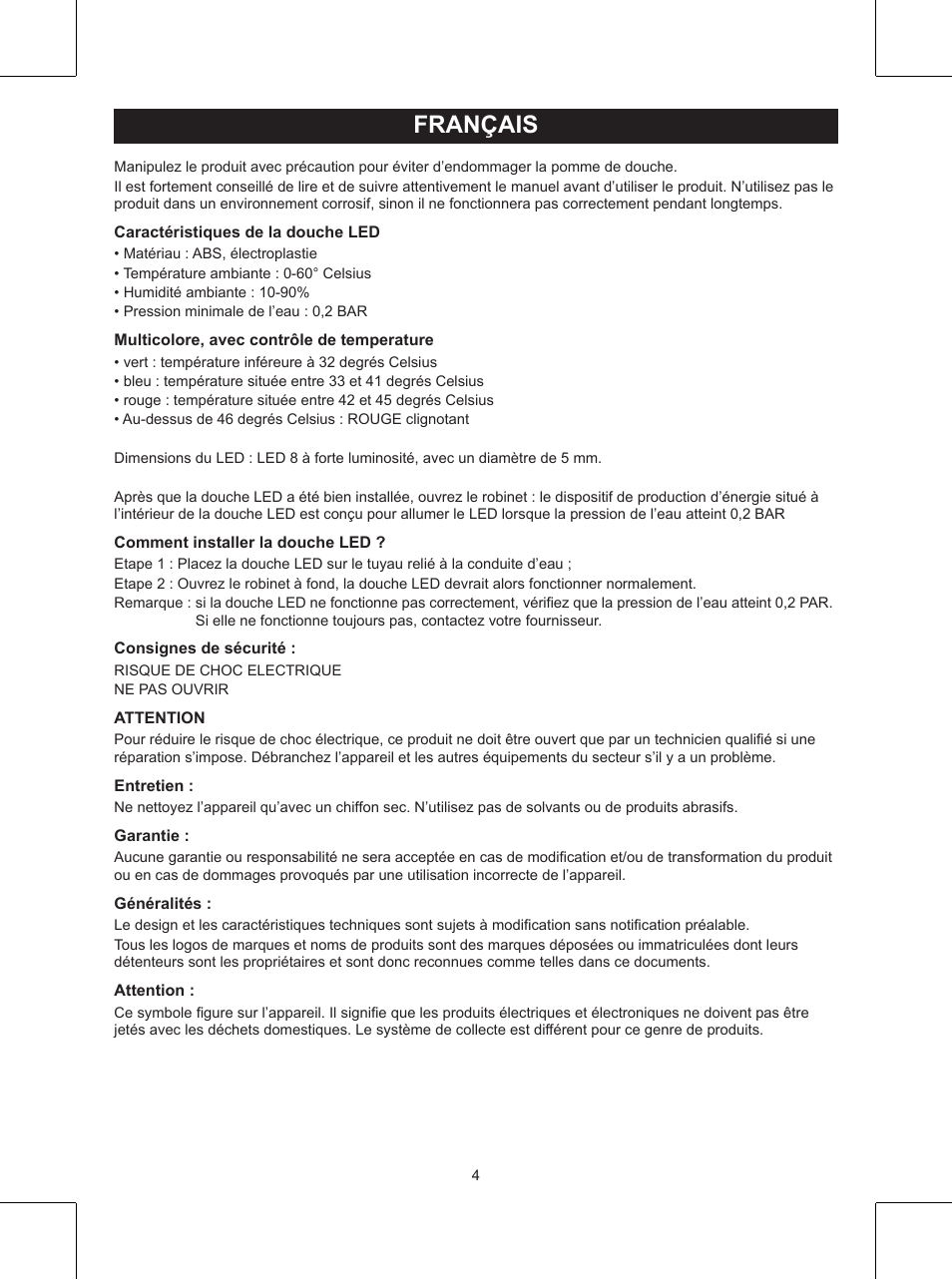 Français, Mode d’emploi (p. 4), Douche led à plusieurs couleurs | Konig Electronic LED shower head User Manual | Page 4 / 14