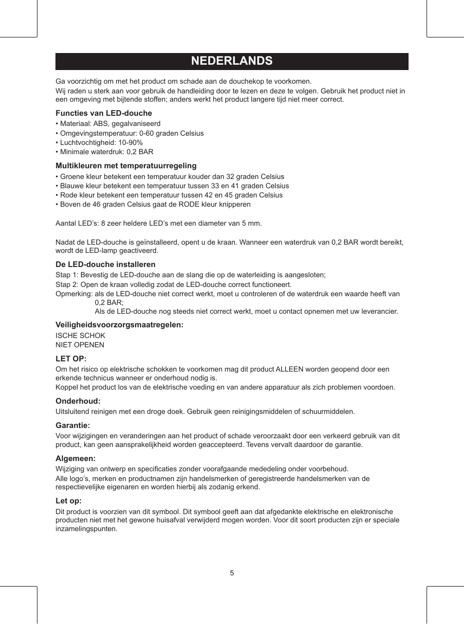 Nederlands, Gebruiksaanwijzing (p. 5), Led-douche - verschillende kleuren | Konig Electronic LED shower head User Manual | Page 5 / 14