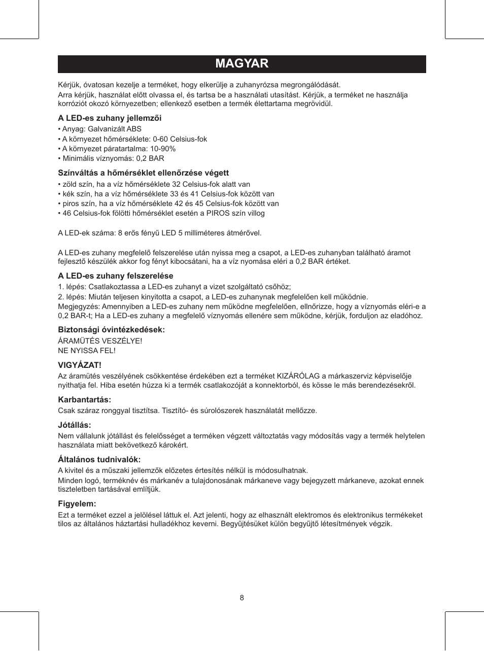 Magyar, Használati útmutató (o. 8.), Többszínű led-es zuhany | Konig Electronic LED shower head User Manual | Page 8 / 14