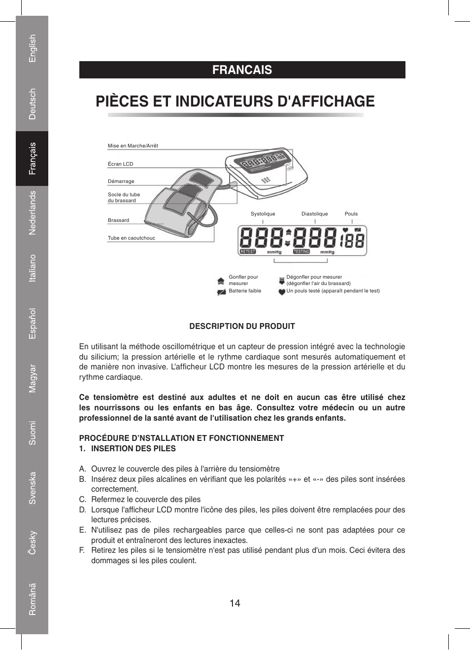 Pièces et indicateurs d'affichage, Francais | Konig Electronic Automatic blood pressure monitor User Manual | Page 14 / 68