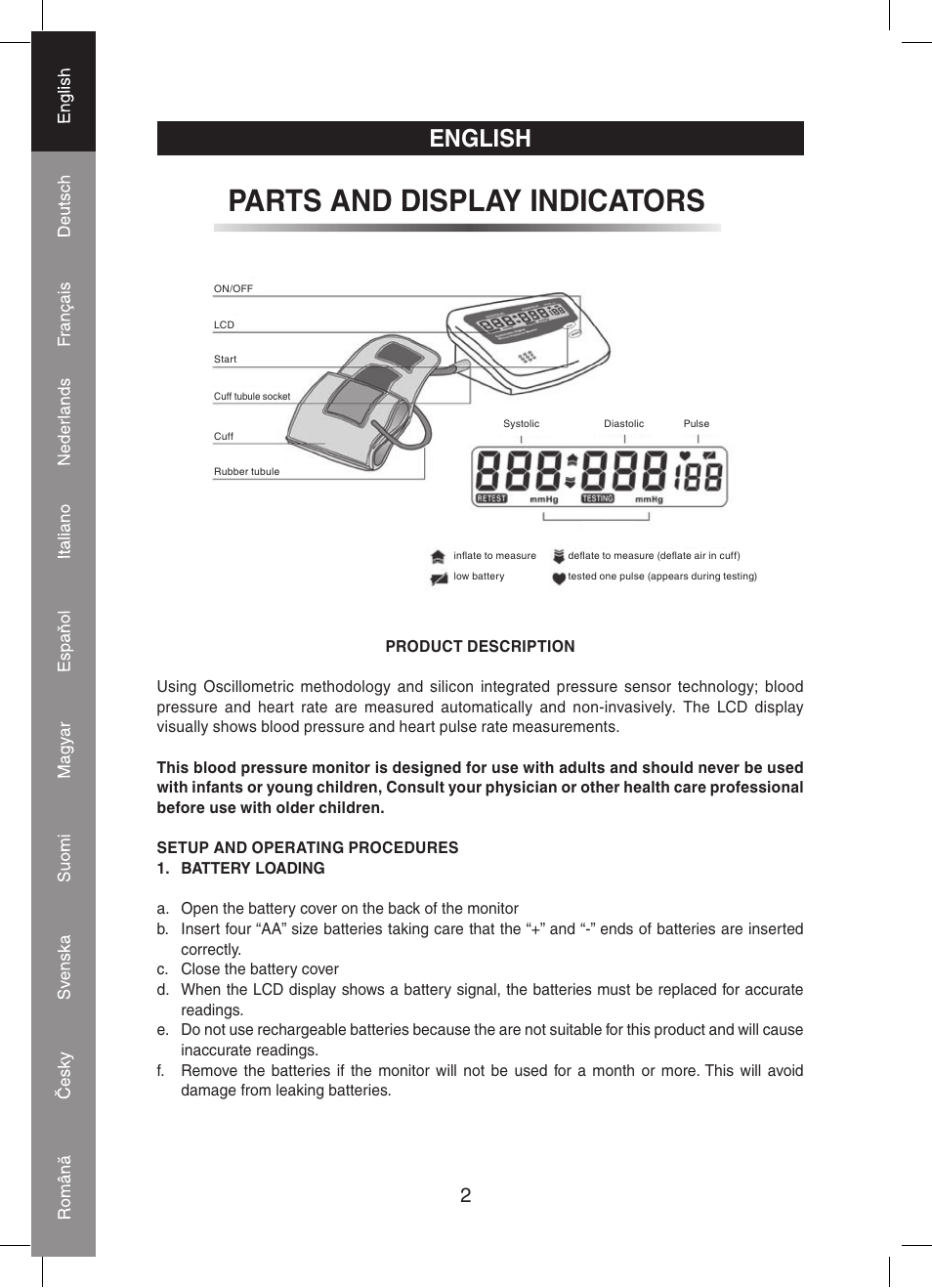 Parts and display indicators, English | Konig Electronic Automatic blood pressure monitor User Manual | Page 2 / 68