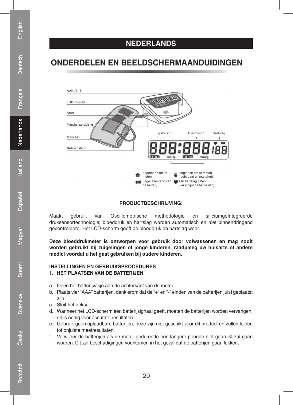 Onderdelen en beeldschermaanduidingen, Nederlands | Konig Electronic Automatic blood pressure monitor User Manual | Page 20 / 68