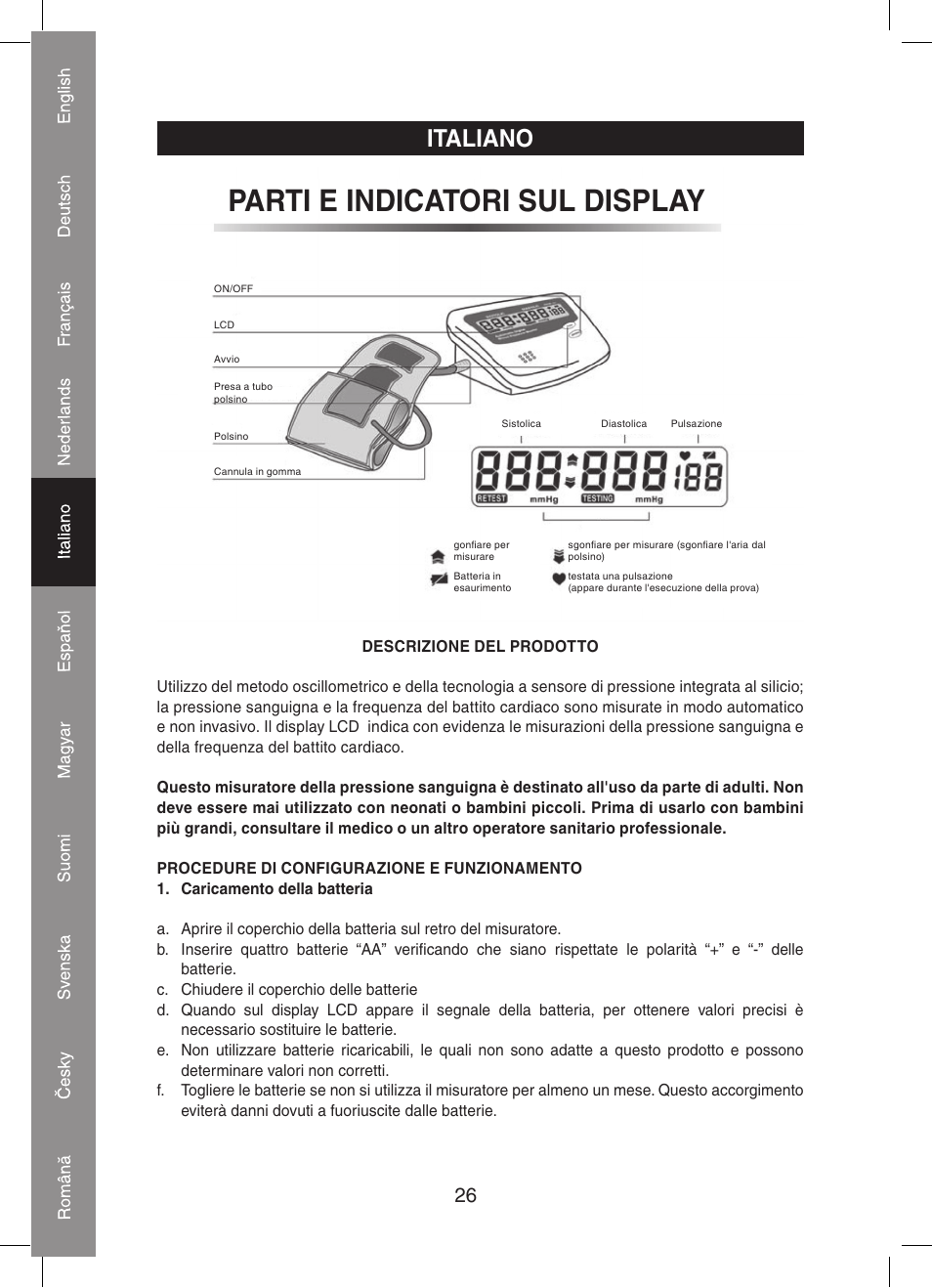 Parti e indicatori sul display, Italiano | Konig Electronic Automatic blood pressure monitor User Manual | Page 26 / 68