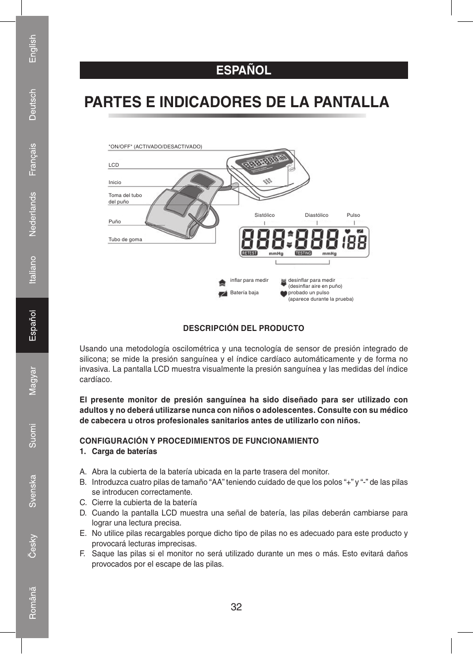 Partes e indicadores de la pantalla, Español | Konig Electronic Automatic blood pressure monitor User Manual | Page 32 / 68
