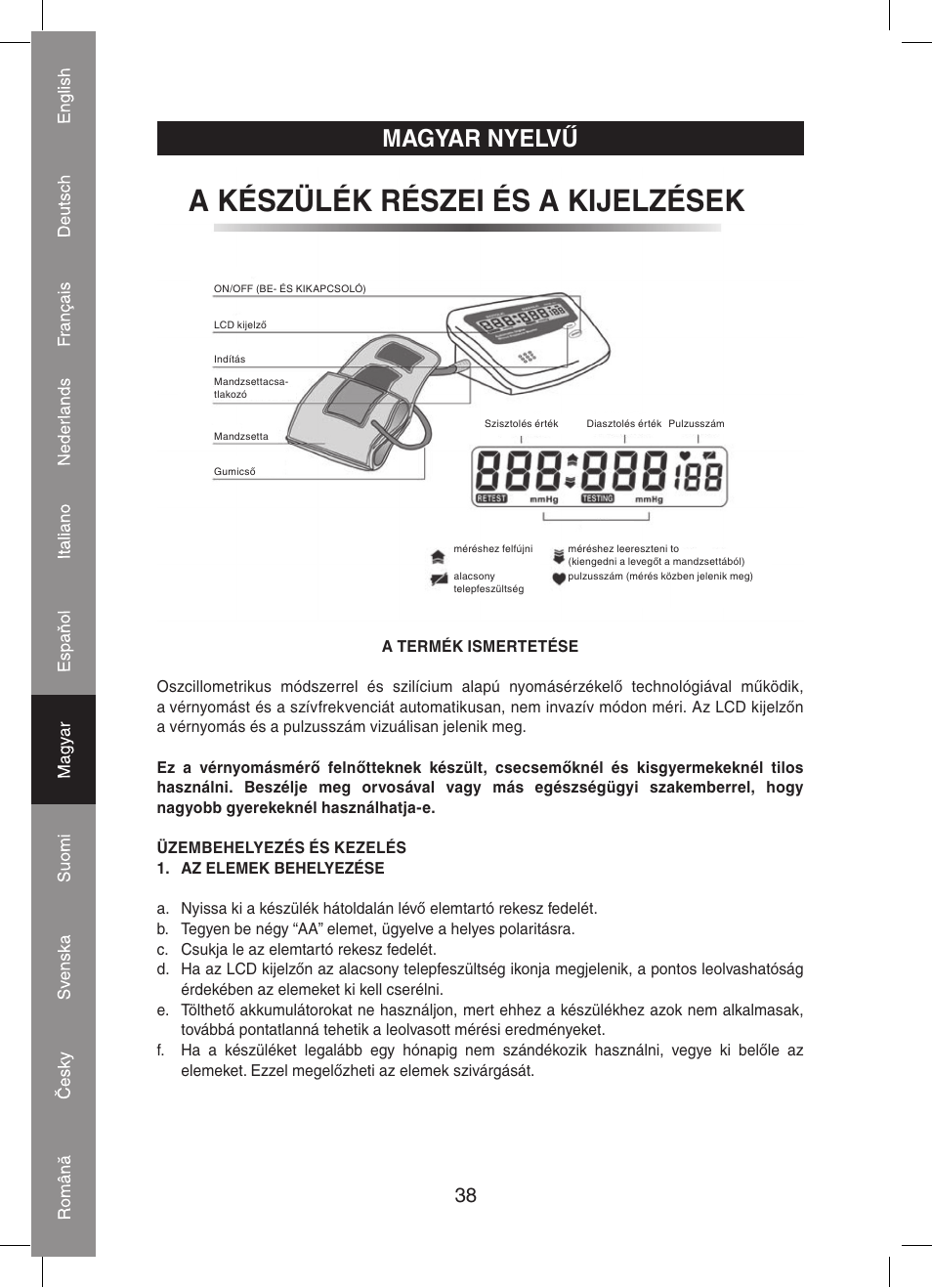 A készülék részei és a kijelzések, Magyar nyelvű | Konig Electronic Automatic blood pressure monitor User Manual | Page 38 / 68