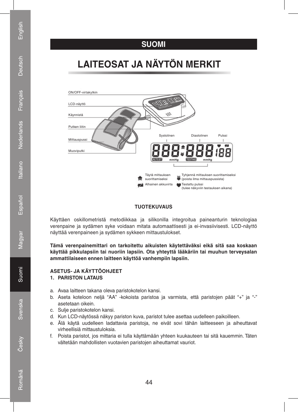 Laiteosat ja näytön merkit, Suomi | Konig Electronic Automatic blood pressure monitor User Manual | Page 44 / 68