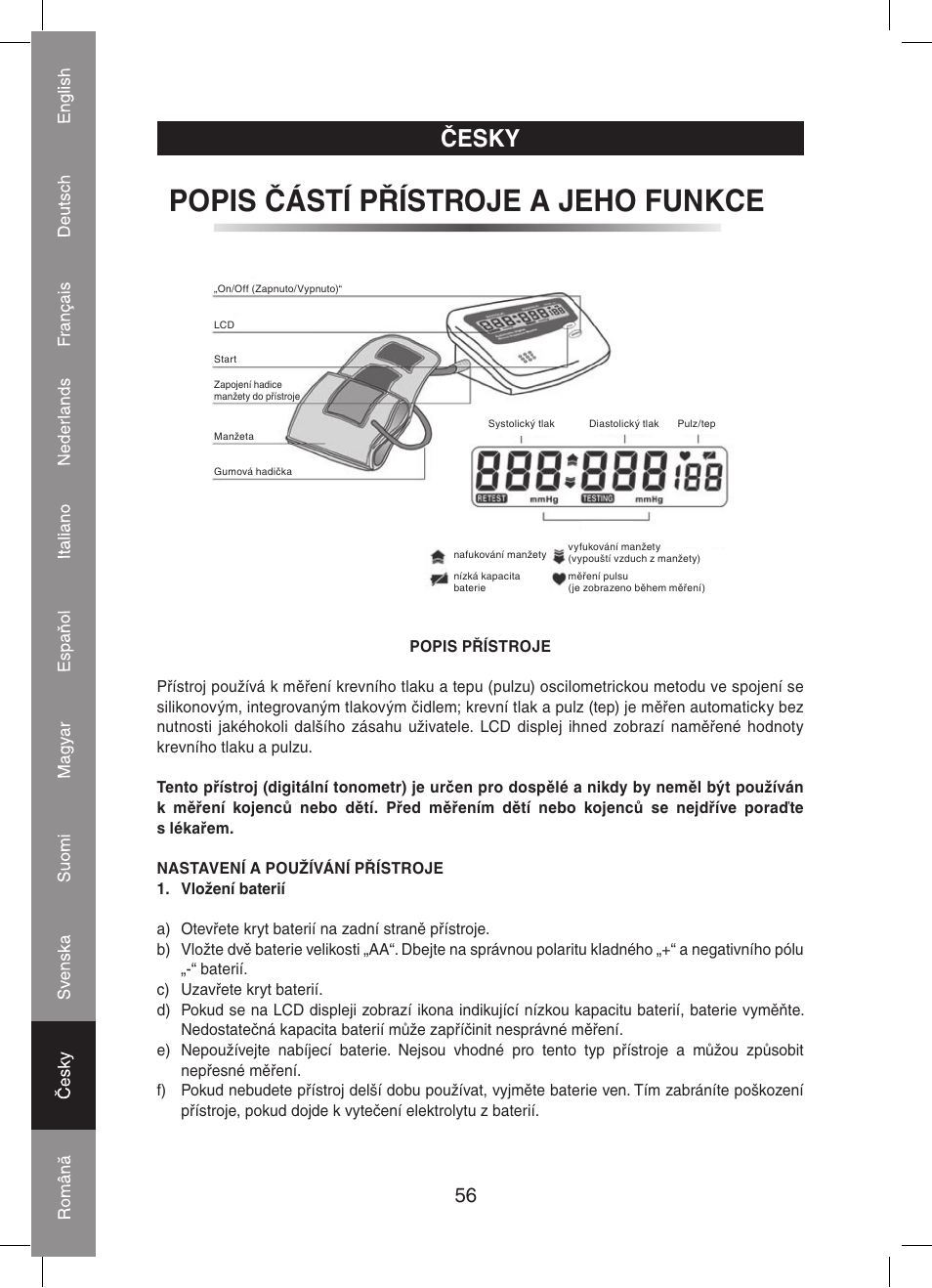 Popis částí přístroje a jeho funkce, Česky | Konig Electronic Automatic blood pressure monitor User Manual | Page 56 / 68