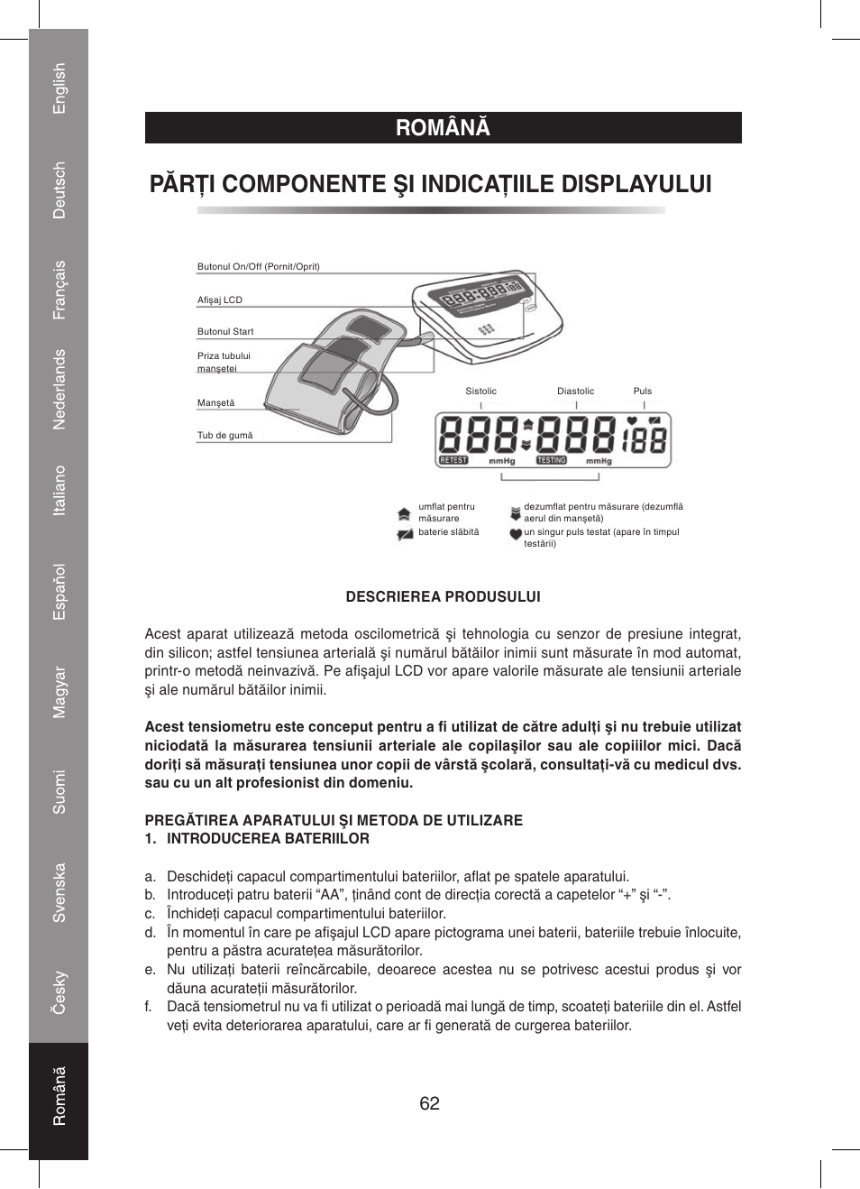 Părţi componente şi indicaţiile displayului, Română | Konig Electronic Automatic blood pressure monitor User Manual | Page 62 / 68
