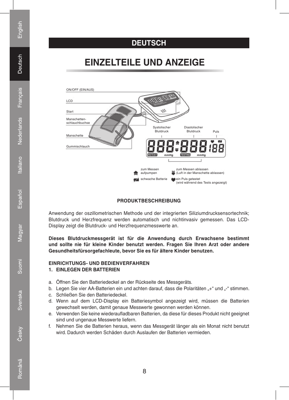 Einzelteile und anzeige, Deutsch | Konig Electronic Automatic blood pressure monitor User Manual | Page 8 / 68