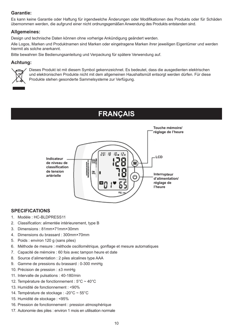 Français, Mode d’emploi (p. 10), Tensiomètre | Konig Electronic Blood pressure monitor wrist User Manual | Page 10 / 51