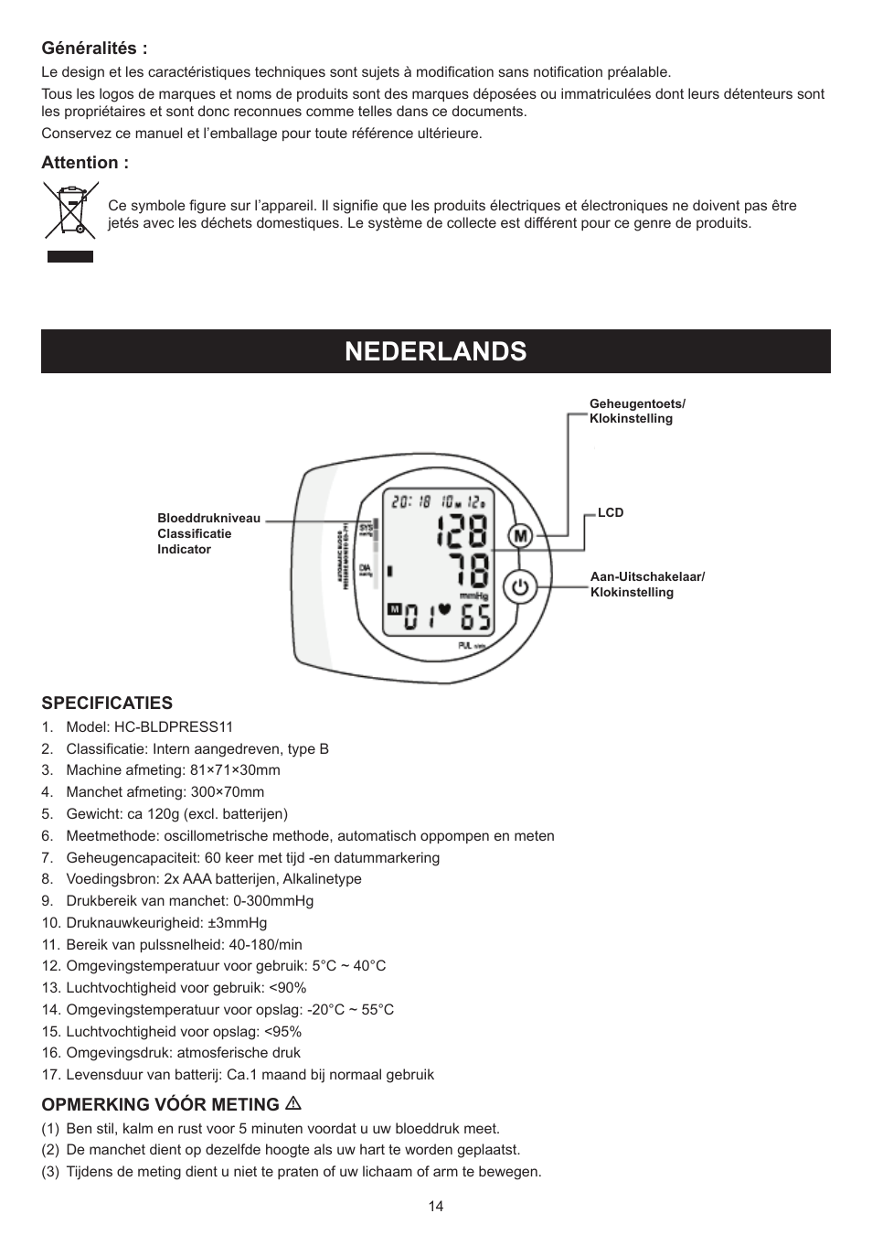 Nederlands, Gebruiksaanwijzing (p. 14), Bloeddrukmeter | Konig Electronic Blood pressure monitor wrist User Manual | Page 14 / 51