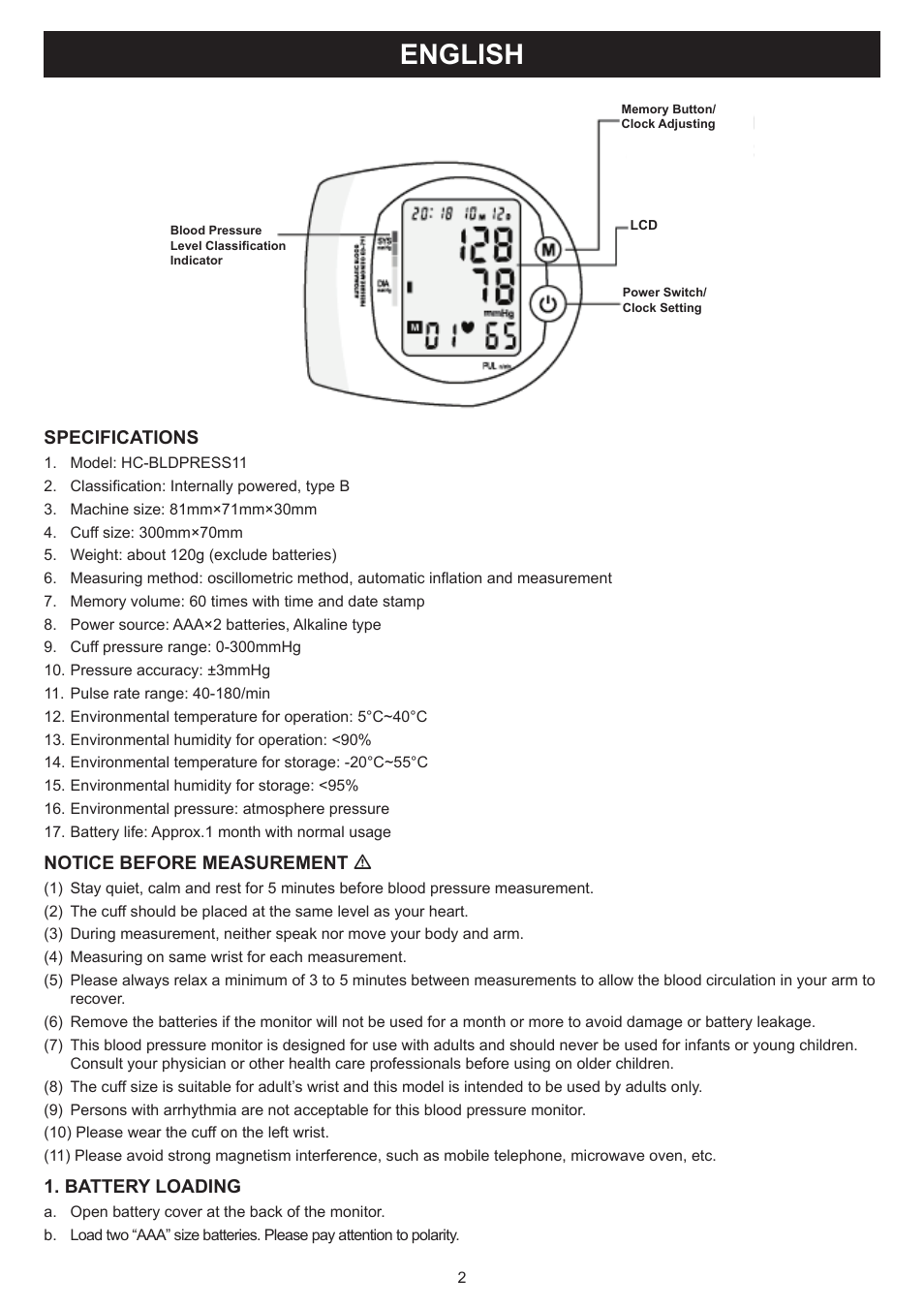 English, Manual (p. 2), Blood pressure monitor | Specifications, Notice before measurement, Battery loading | Konig Electronic Blood pressure monitor wrist User Manual | Page 2 / 51